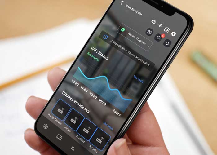 Smartphone mostrando aplicativo Trust Fi da Wow automação, em uma tela de gerenciamento de internet.